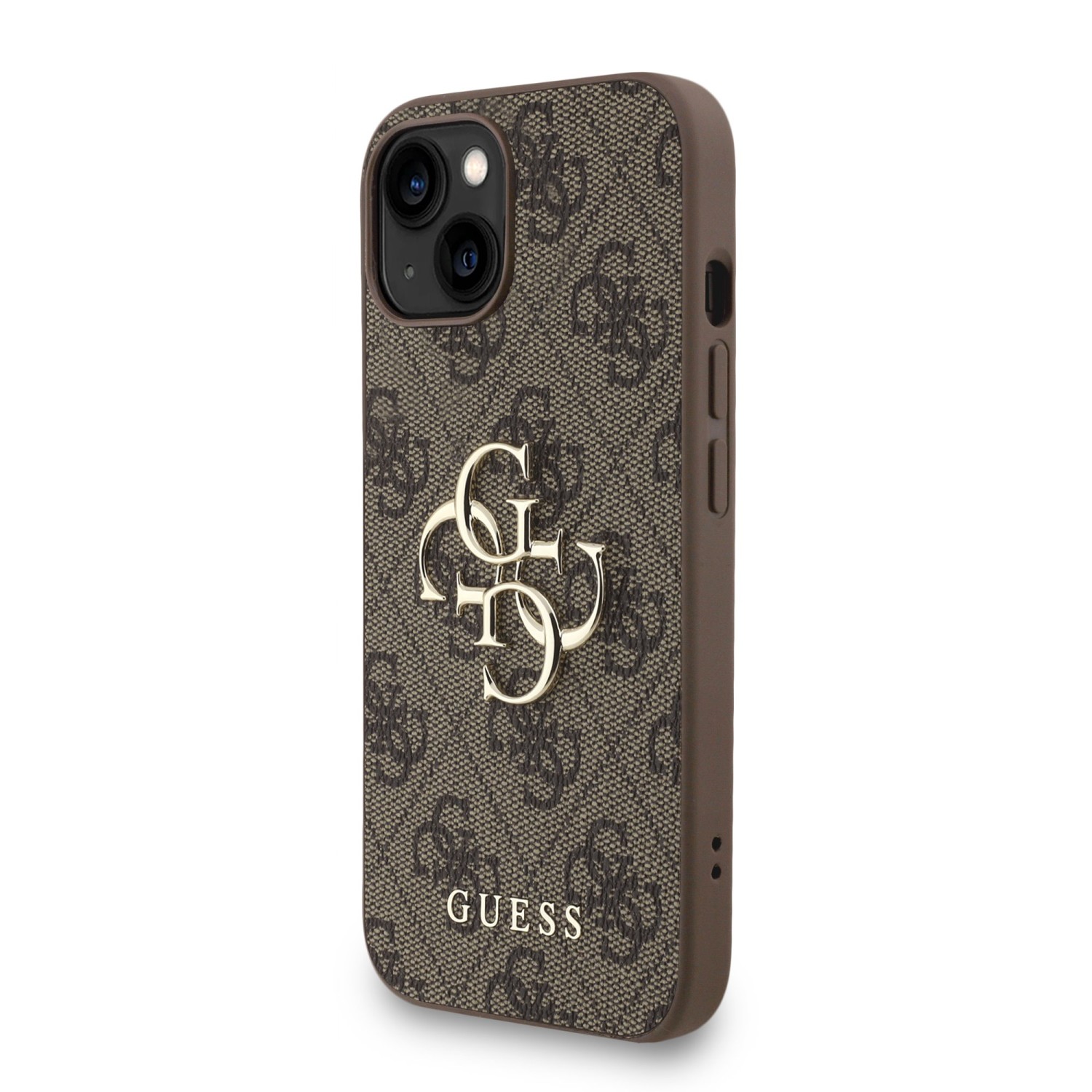 Guess PU 4G Metal Logo Strap Zadní Kryt pro iPhone 15 Brown