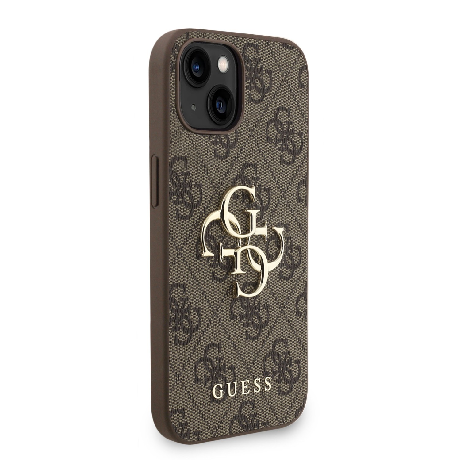 Guess PU 4G Metal Logo Strap Zadní Kryt pro iPhone 15 Brown