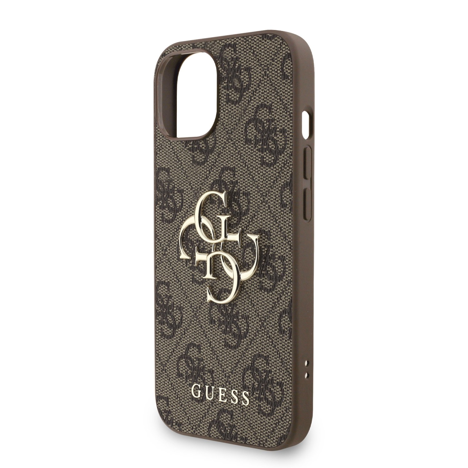 Guess PU 4G Metal Logo Strap Zadní Kryt pro iPhone 15 Brown