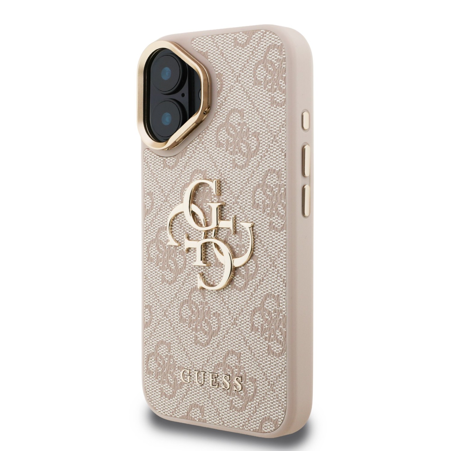 Guess PU 4G Metal Logo Stand Camera Frame Zadní Kryt pro iPhone 16 Pink