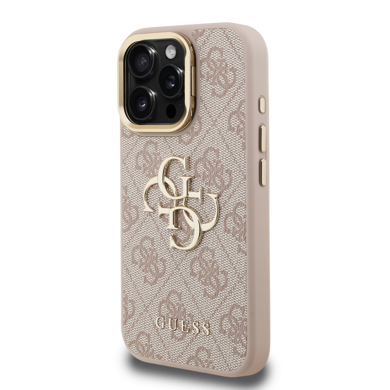 Guess PU 4G Metal Logo Stand Camera Frame Zadní Kryt pro iPhone 15 Pro Max Pink
