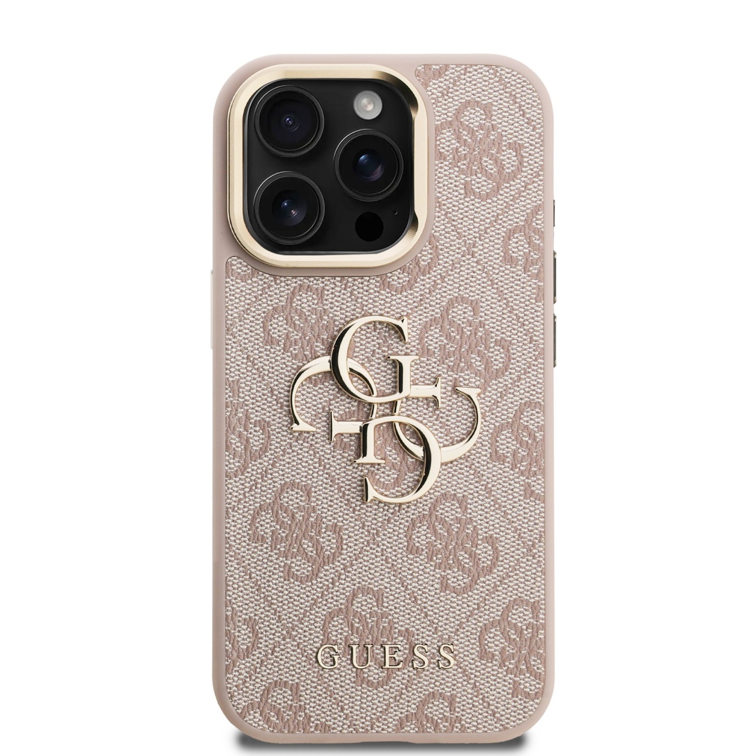 Guess PU 4G Metal Logo Stand Camera Frame Zadní Kryt pro iPhone 15 Pro Max Pink
