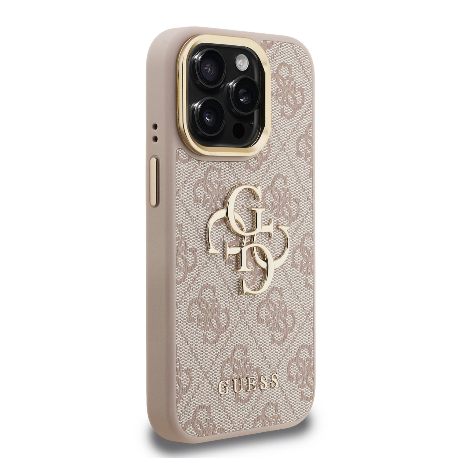 Guess PU 4G Metal Logo Stand Camera Frame Zadní Kryt pro iPhone 15 Pro Pink