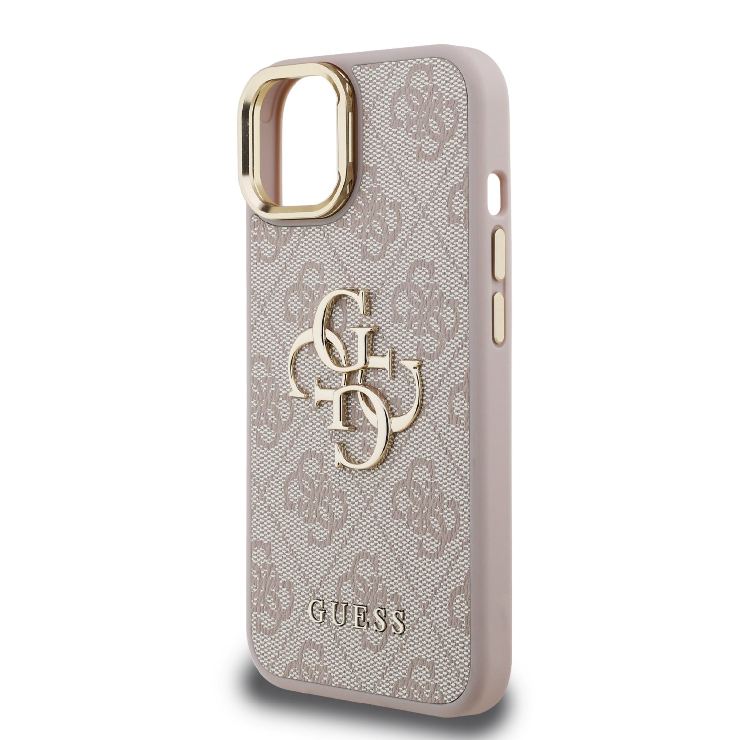 Guess PU 4G Metal Logo Stand Camera Frame Zadní Kryt pro iPhone 15 Pink
