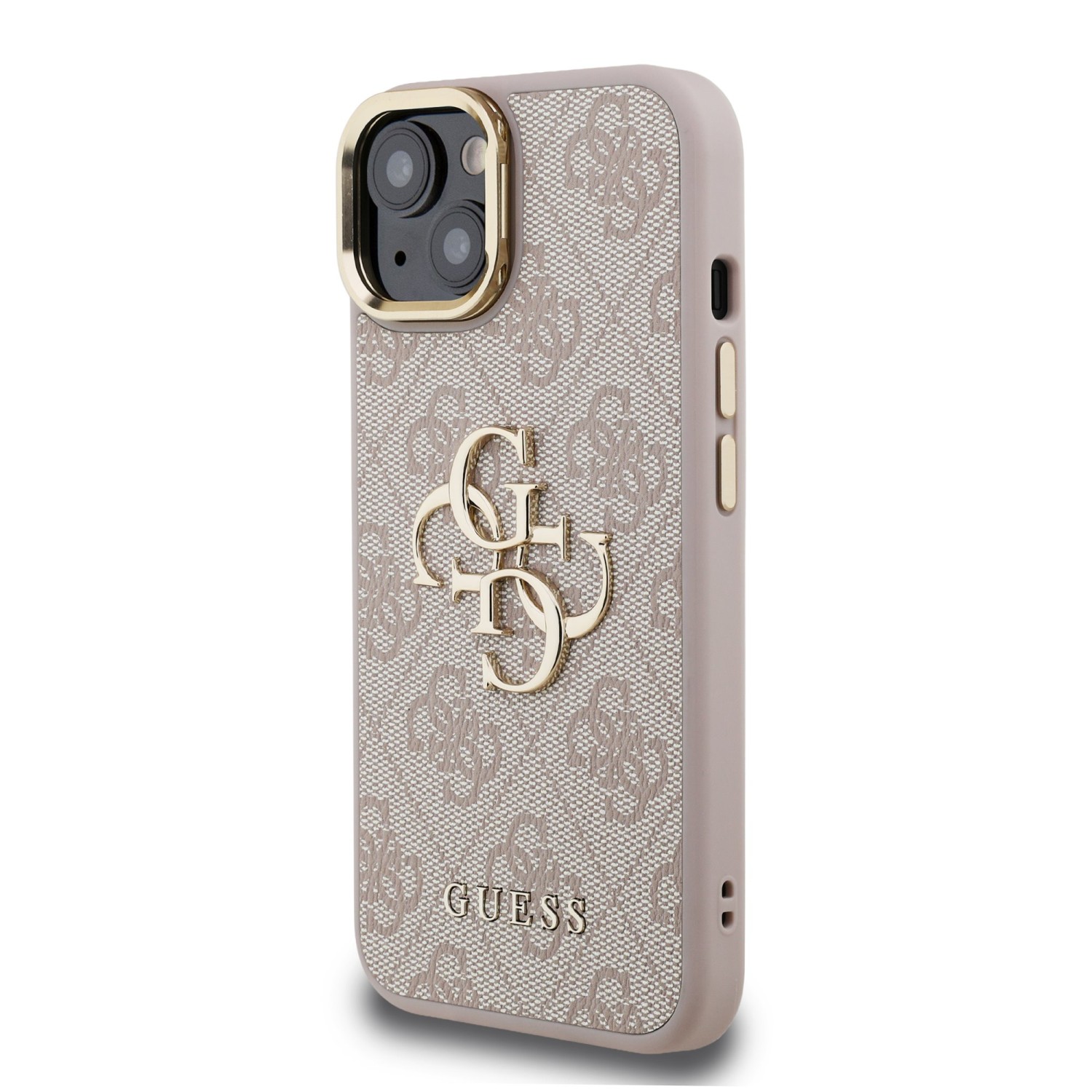 Guess PU 4G Metal Logo Stand Camera Frame Zadní Kryt pro iPhone 13 Pink