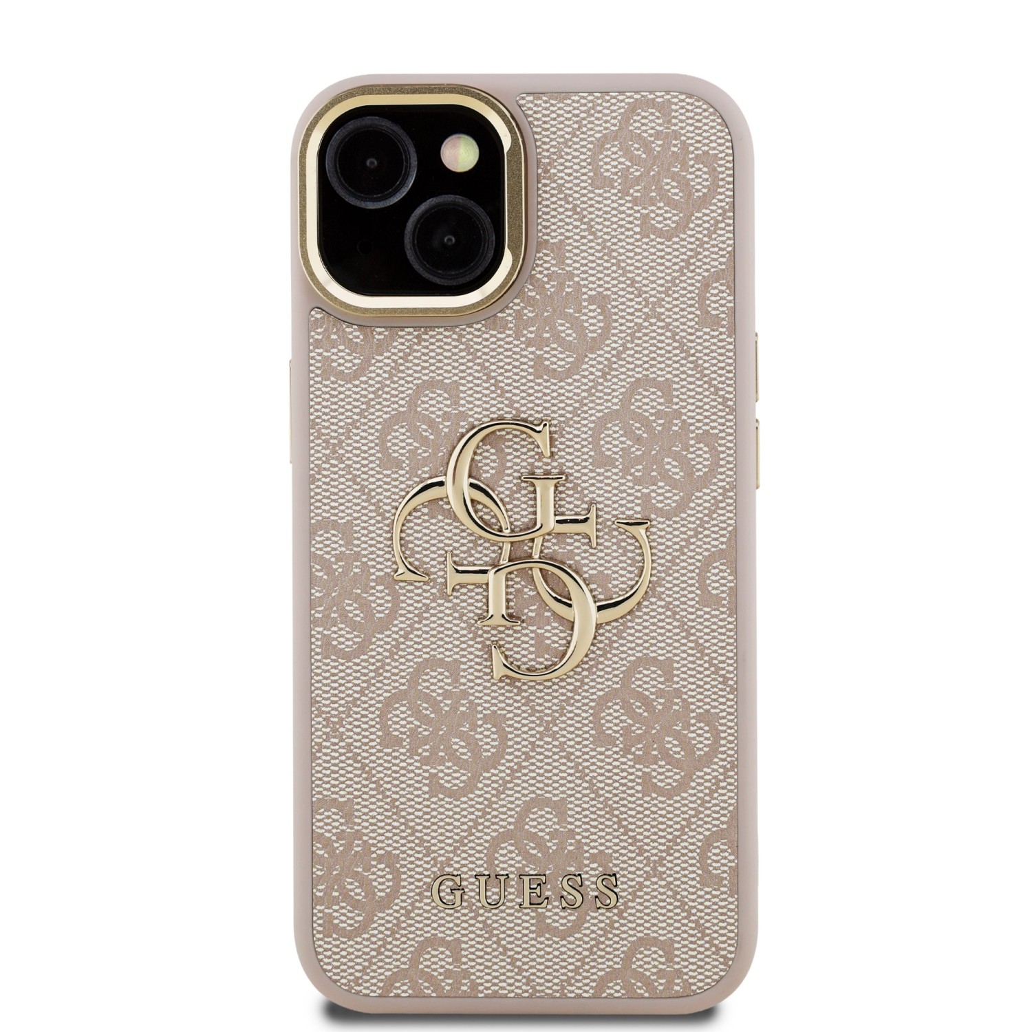 Guess PU 4G Metal Logo Stand Camera Frame Zadní Kryt pro iPhone 13 Pink