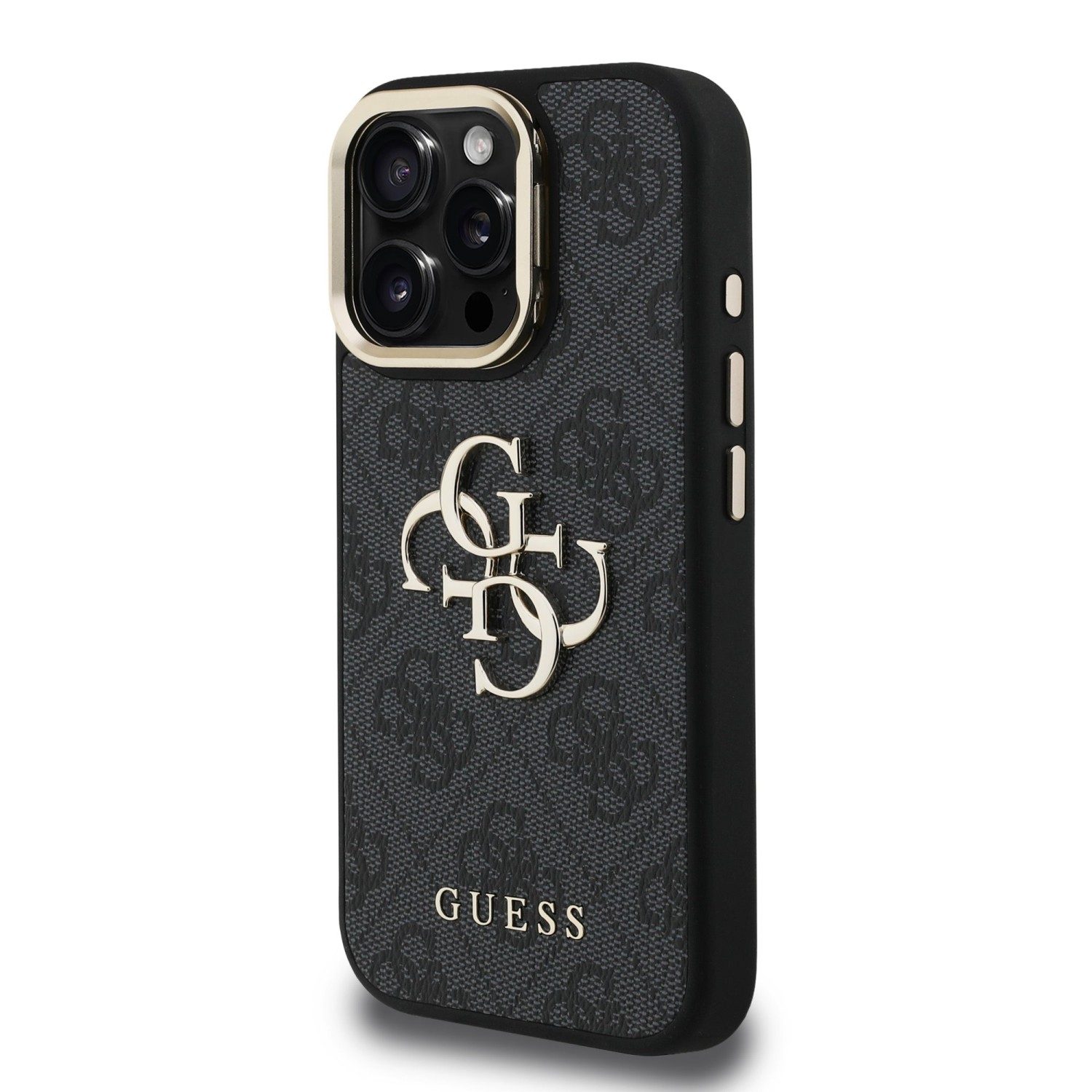 Guess PU 4G Metal Logo Stand Camera Frame Zadní Kryt pro iPhone 16 Pro Black