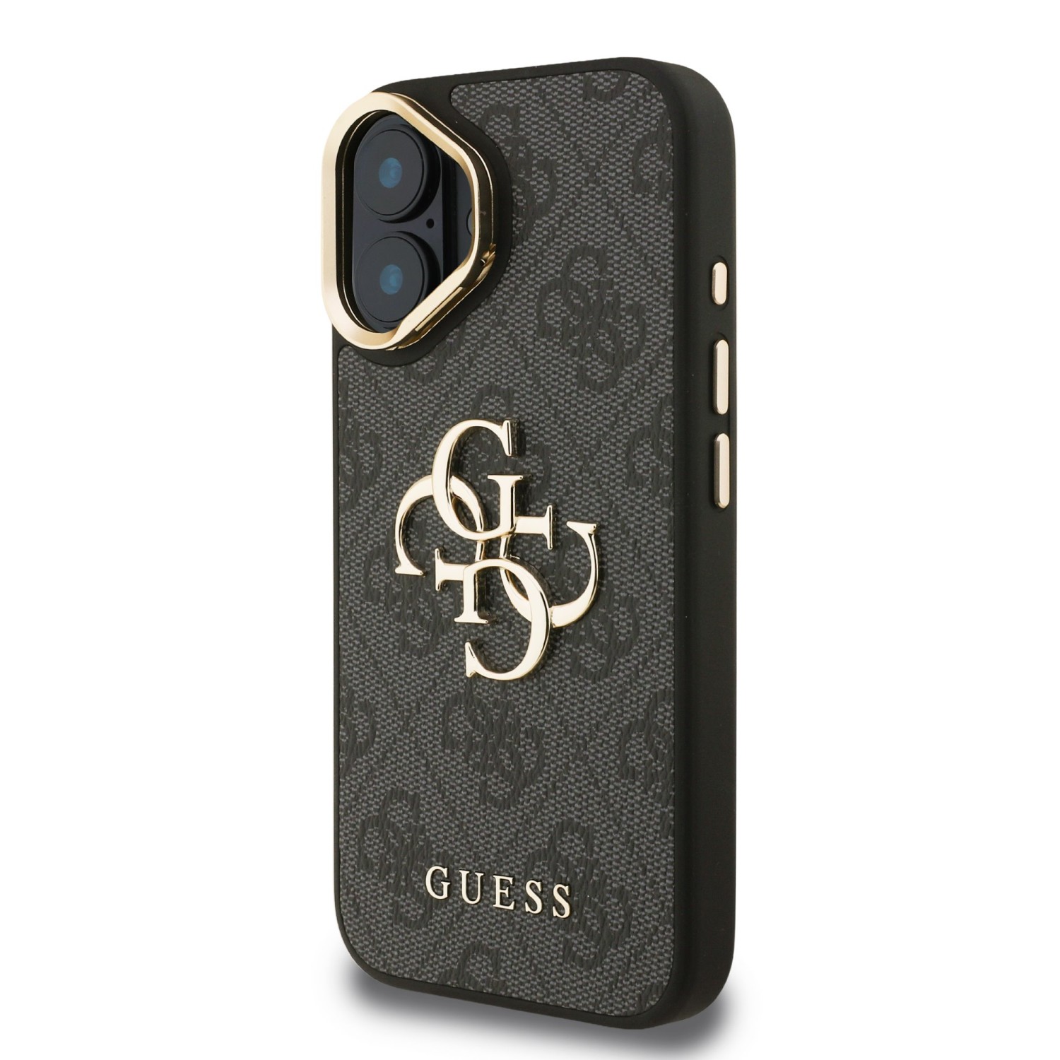 Guess PU 4G Metal Logo Stand Camera Frame Zadní Kryt pro iPhone 16 Black