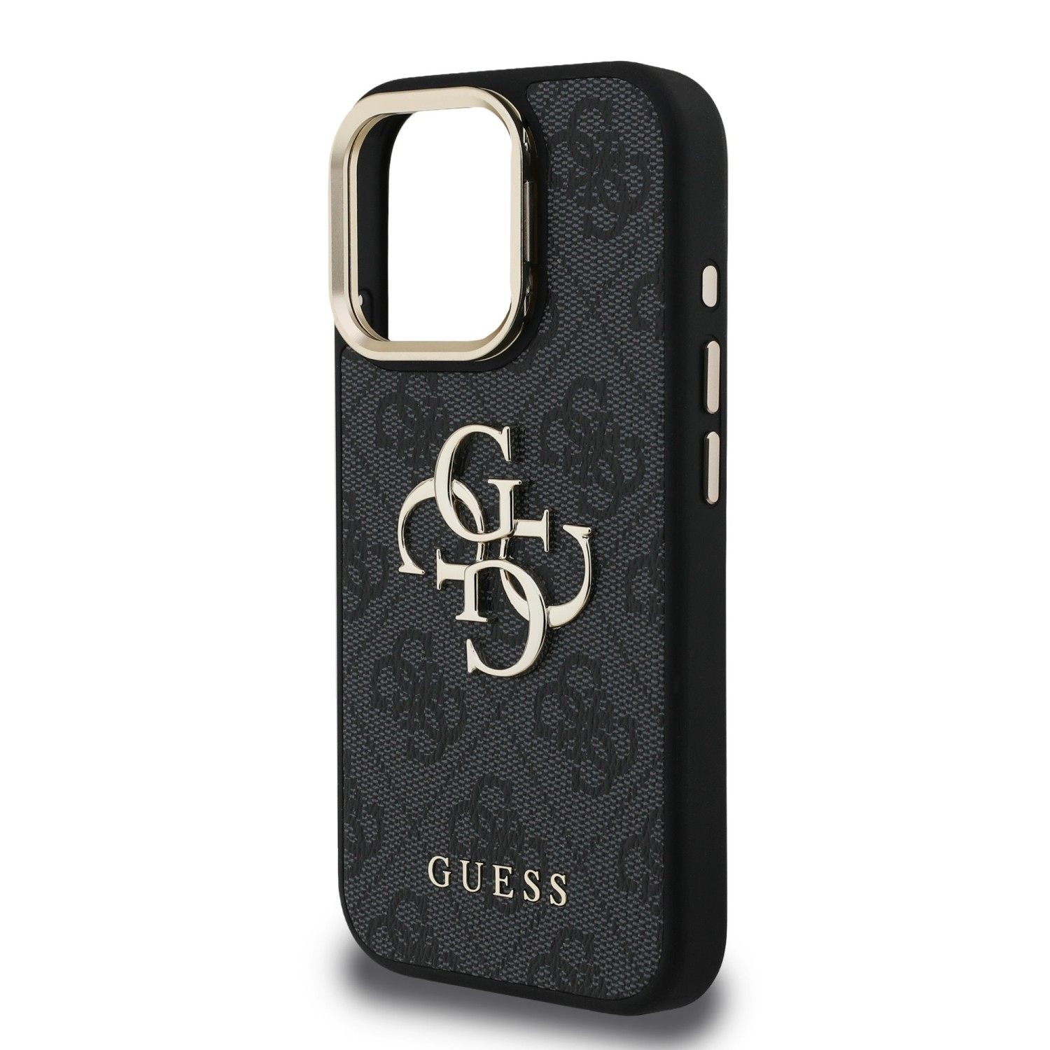 Guess PU 4G Metal Logo Stand Camera Frame Zadní Kryt pro iPhone 15 Pro Black