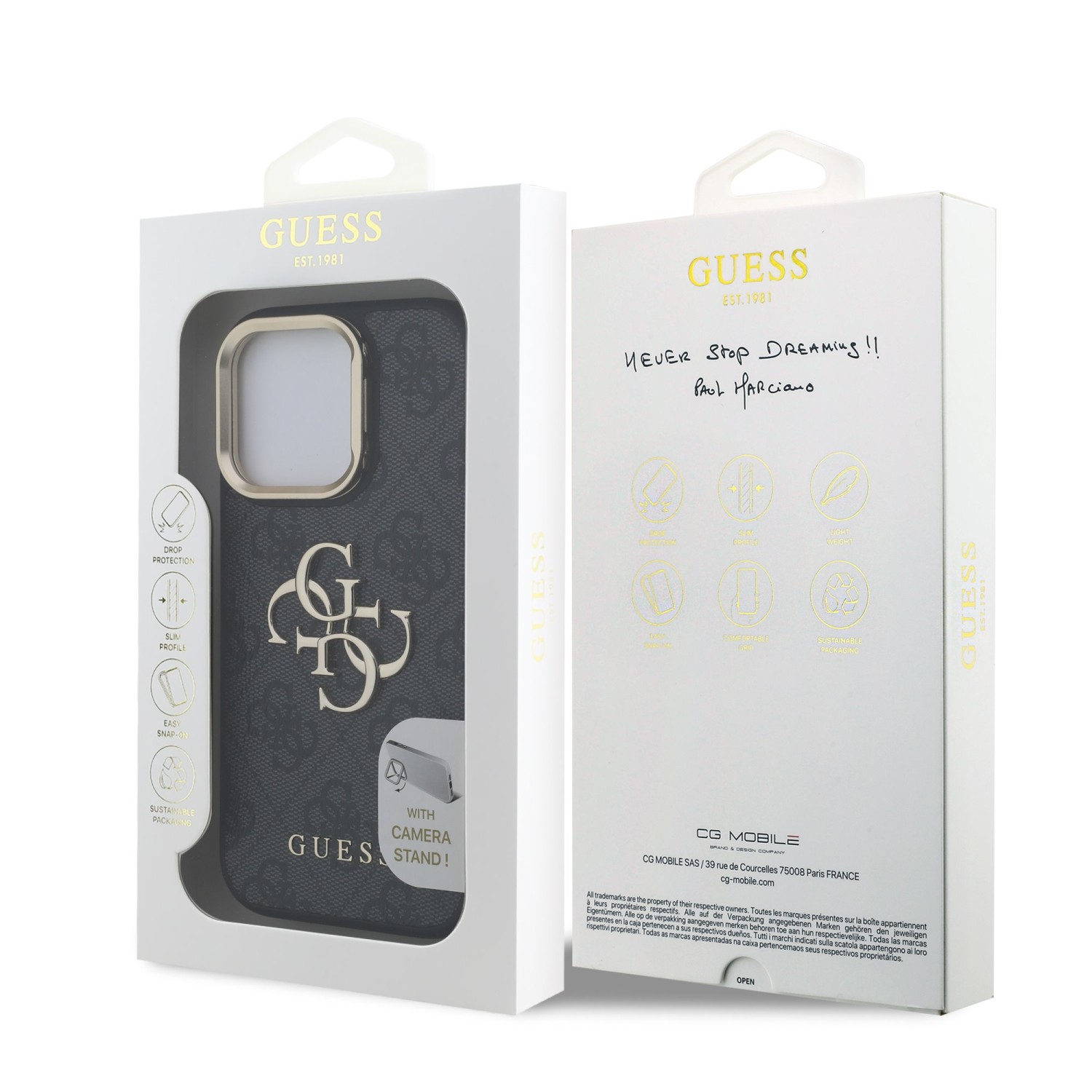 Guess PU 4G Metal Logo Stand Camera Frame Zadní Kryt pro iPhone 15 Pro Black