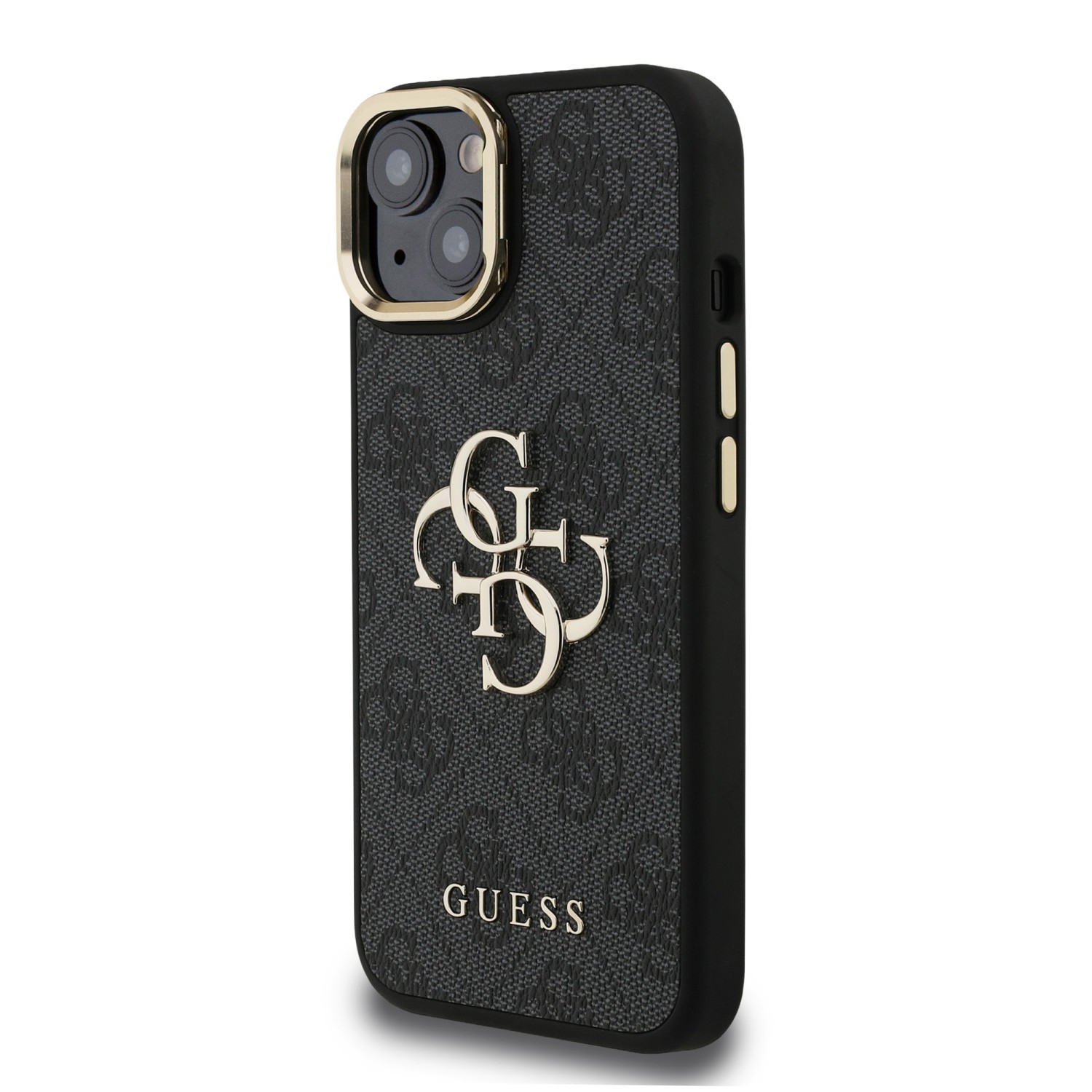 Guess PU 4G Metal Logo Stand Camera Frame Zadní Kryt pro iPhone 15 Black