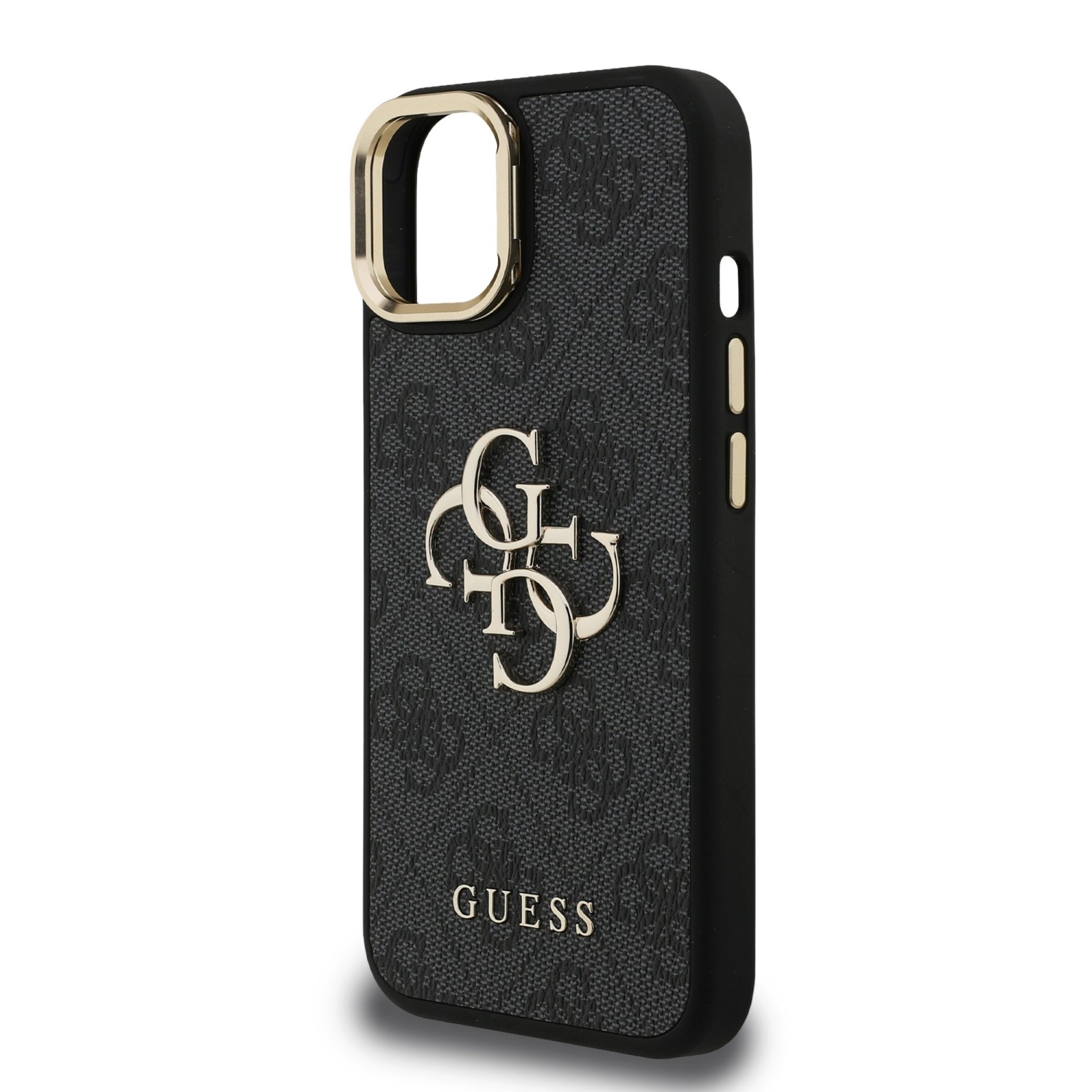 Guess PU 4G Metal Logo Stand Camera Frame Zadní Kryt pro iPhone 15 Black