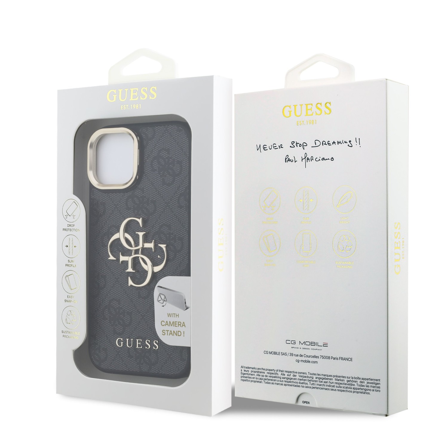 Guess PU 4G Metal Logo Stand Camera Frame Zadní Kryt pro iPhone 15 Black
