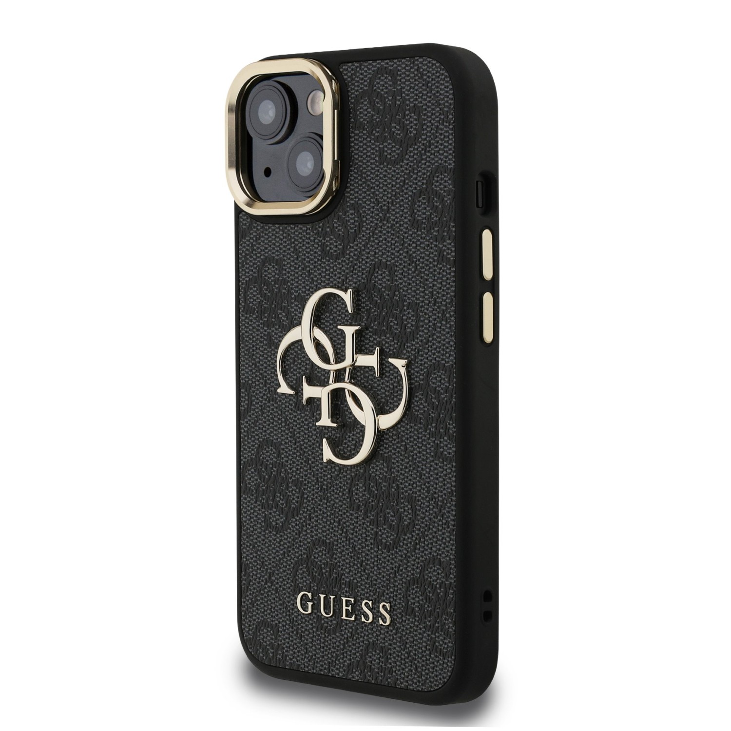 Guess PU 4G Metal Logo Stand Camera Frame Zadní Kryt pro iPhone 13 Black