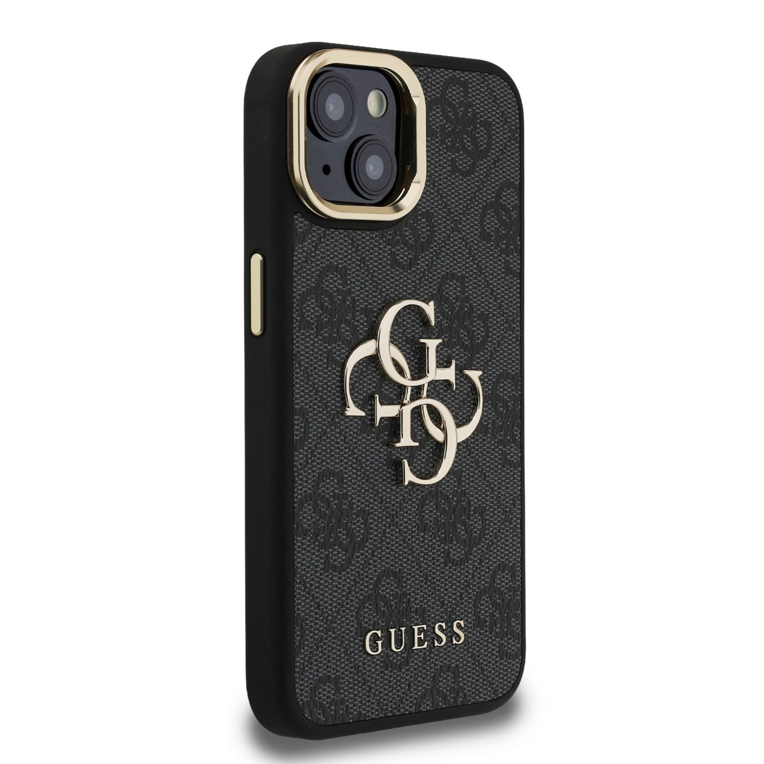 Guess PU 4G Metal Logo Stand Camera Frame Zadní Kryt pro iPhone 13 Black