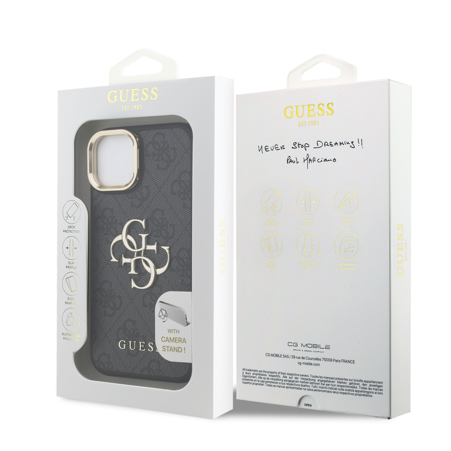 Guess PU 4G Metal Logo Stand Camera Frame Zadní Kryt pro iPhone 13 Black