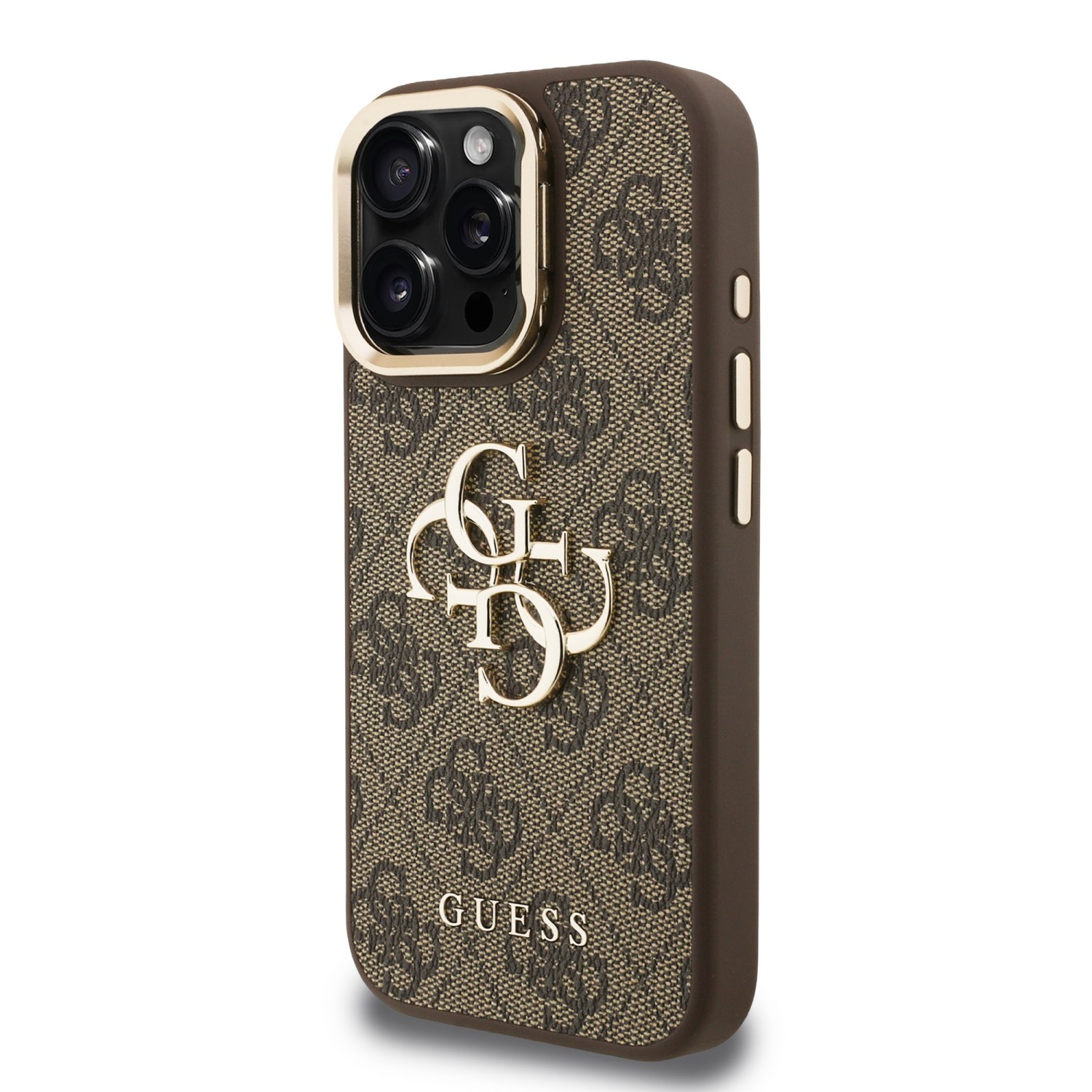 Guess PU 4G Metal Logo Stand Camera Frame Zadní Kryt pro iPhone 16 Pro Brown