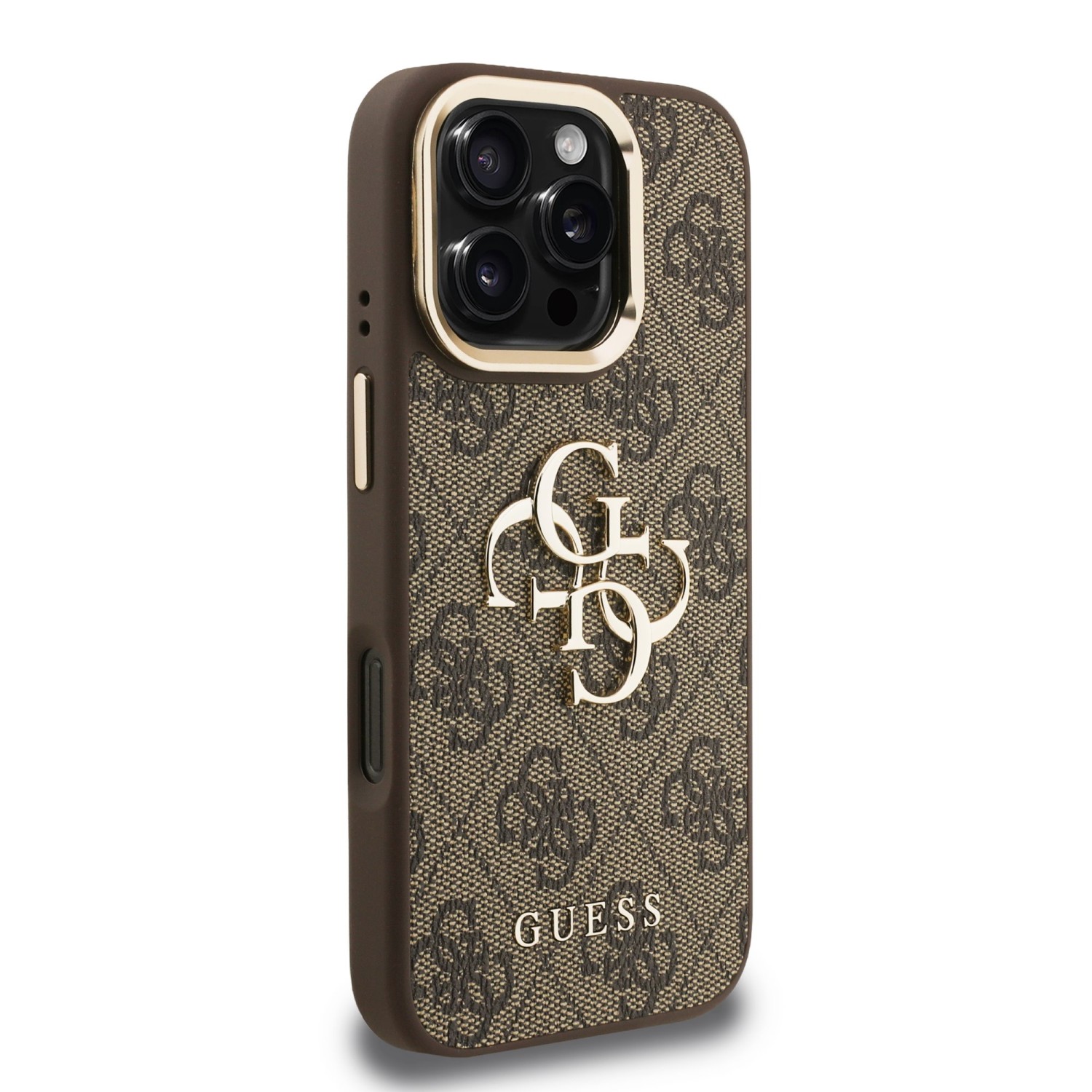 Guess PU 4G Metal Logo Stand Camera Frame Zadní Kryt pro iPhone 16 Pro Brown
