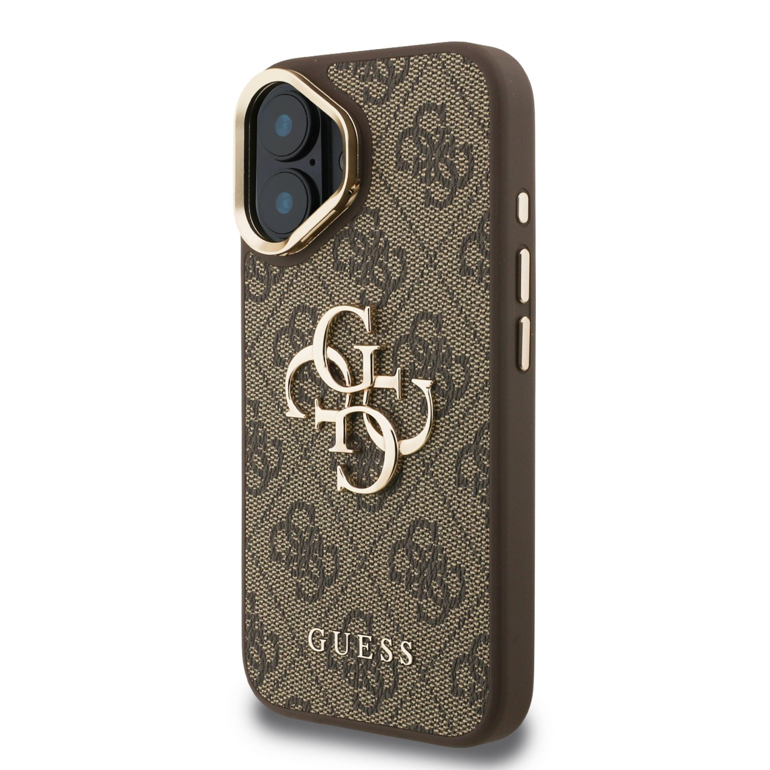 Guess PU 4G Metal Logo Stand Camera Frame Zadní Kryt pro iPhone 16 Brown