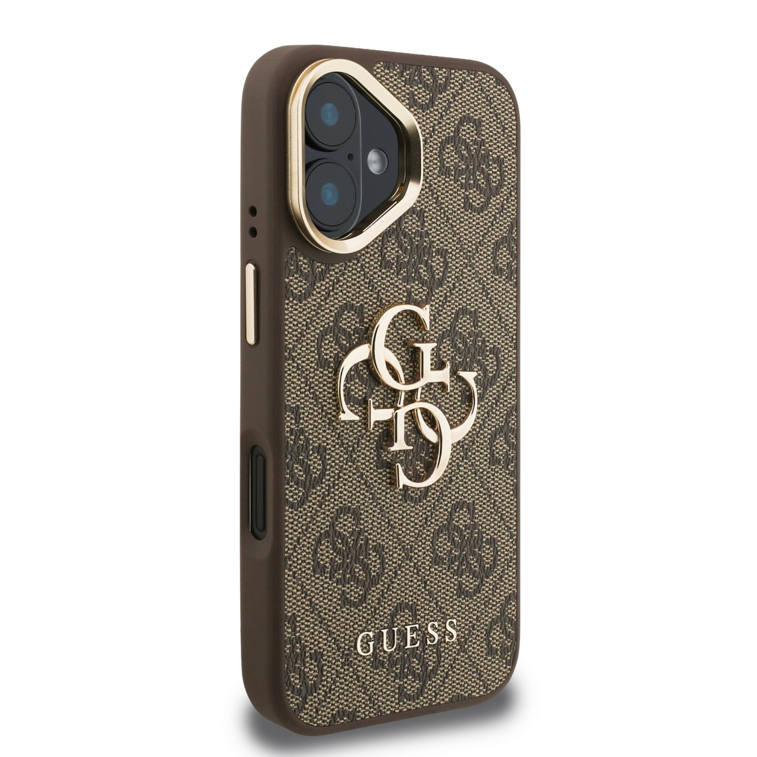 Guess PU 4G Metal Logo Stand Camera Frame Zadní Kryt pro iPhone 16 Brown