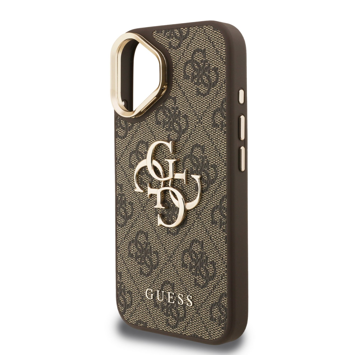 Guess PU 4G Metal Logo Stand Camera Frame Zadní Kryt pro iPhone 16 Brown