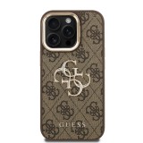 Guess PU 4G Metal Logo Stand Camera Frame Zadní Kryt pro iPhone 15 Pro Brown