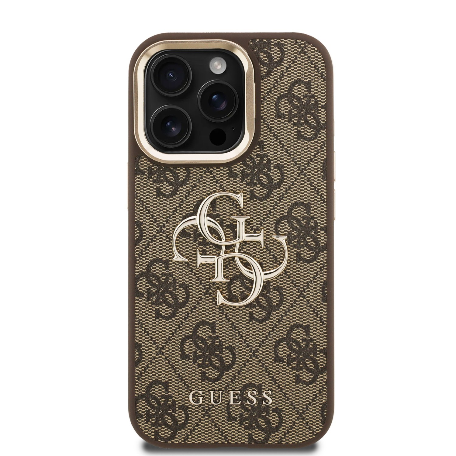 Guess PU 4G Metal Logo Stand Camera Frame Zadní Kryt pro iPhone 15 Pro Brown