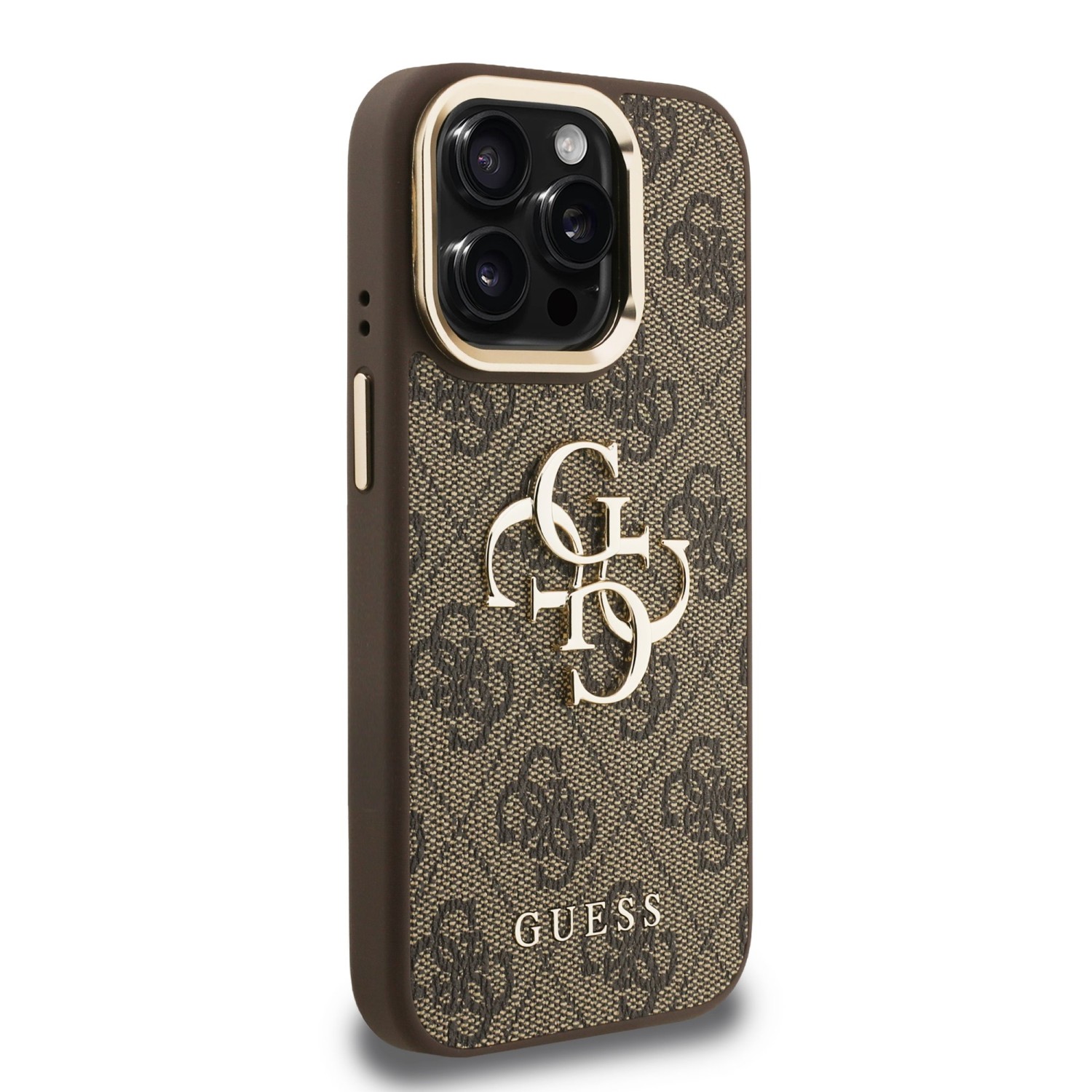 Guess PU 4G Metal Logo Stand Camera Frame Zadní Kryt pro iPhone 15 Pro Brown