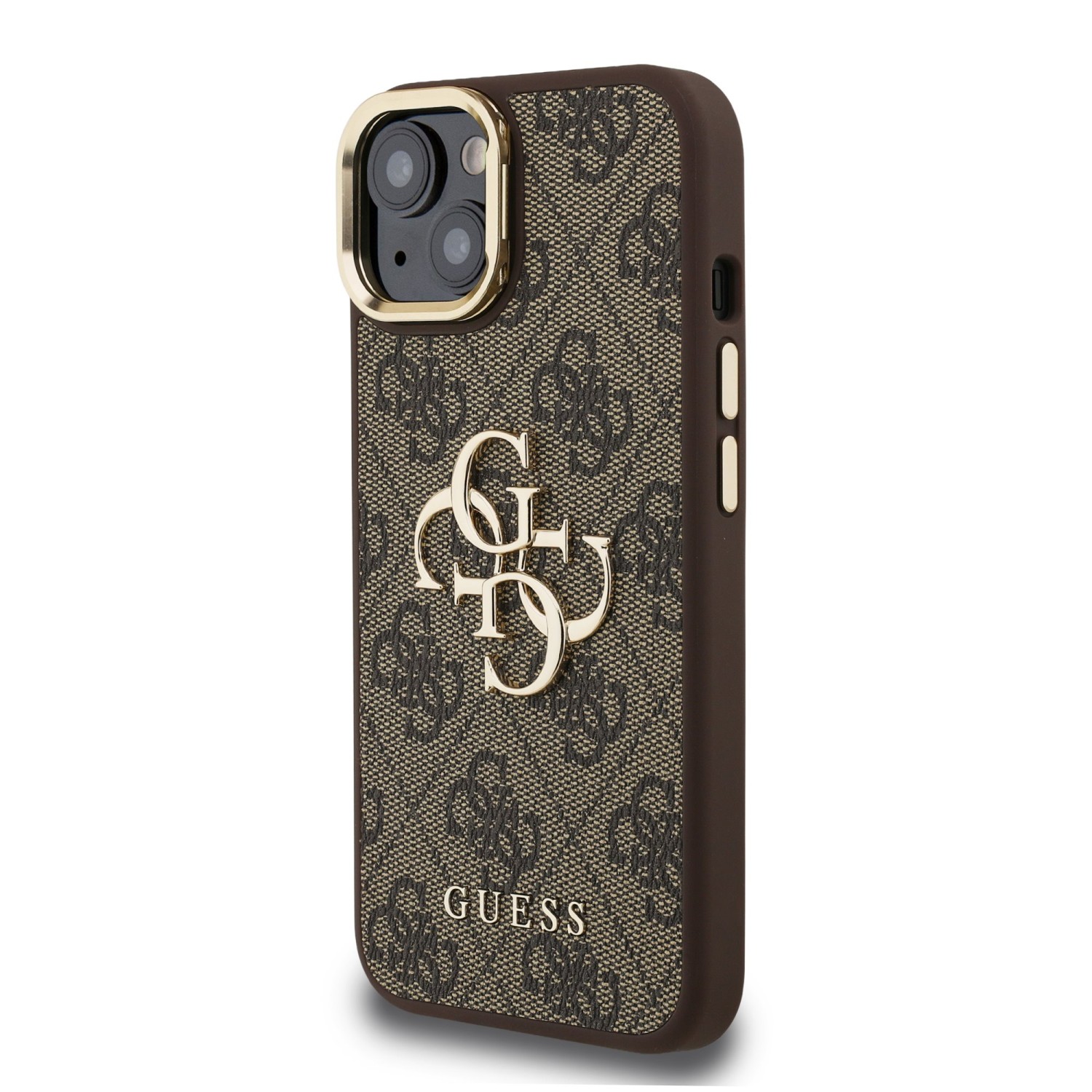 Guess PU 4G Metal Logo Stand Camera Frame Zadní Kryt pro iPhone 15 Brown