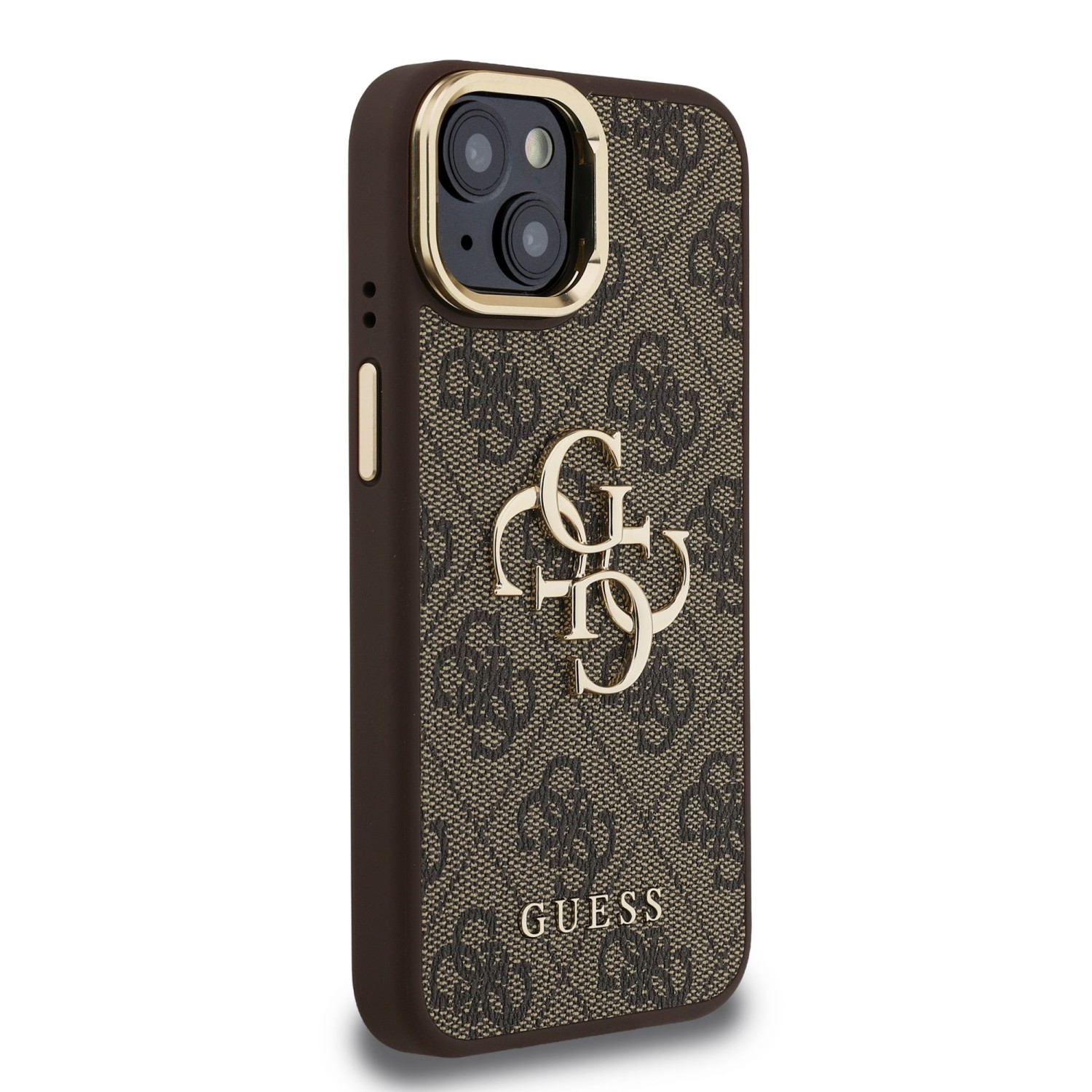 Guess PU 4G Metal Logo Stand Camera Frame Zadní Kryt pro iPhone 15 Brown
