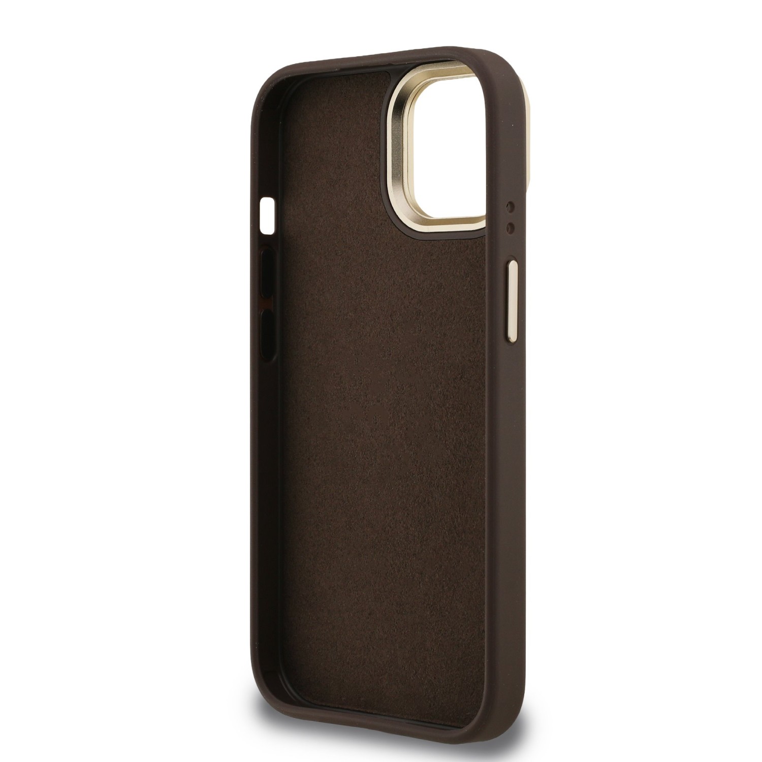 Guess PU 4G Metal Logo Stand Camera Frame Zadní Kryt pro iPhone 15 Brown