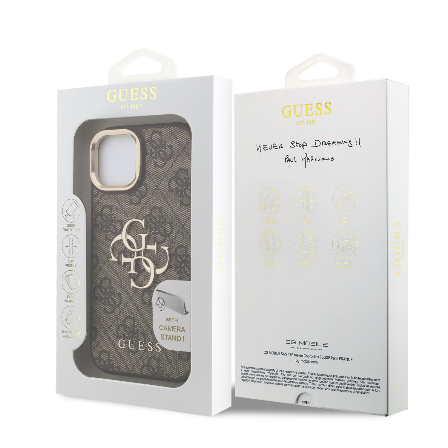 Guess PU 4G Metal Logo Stand Camera Frame Zadní Kryt pro iPhone 15 Brown