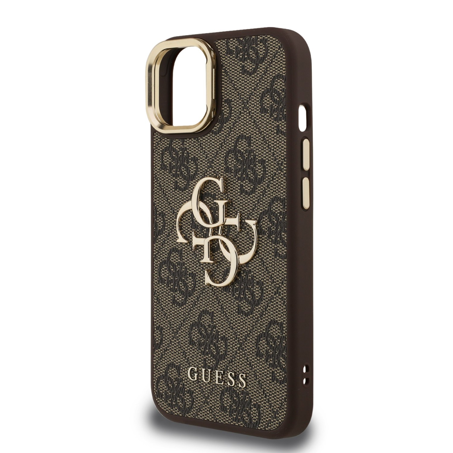 Guess PU 4G Metal Logo Stand Camera Frame Zadní Kryt pro iPhone 13 Brown