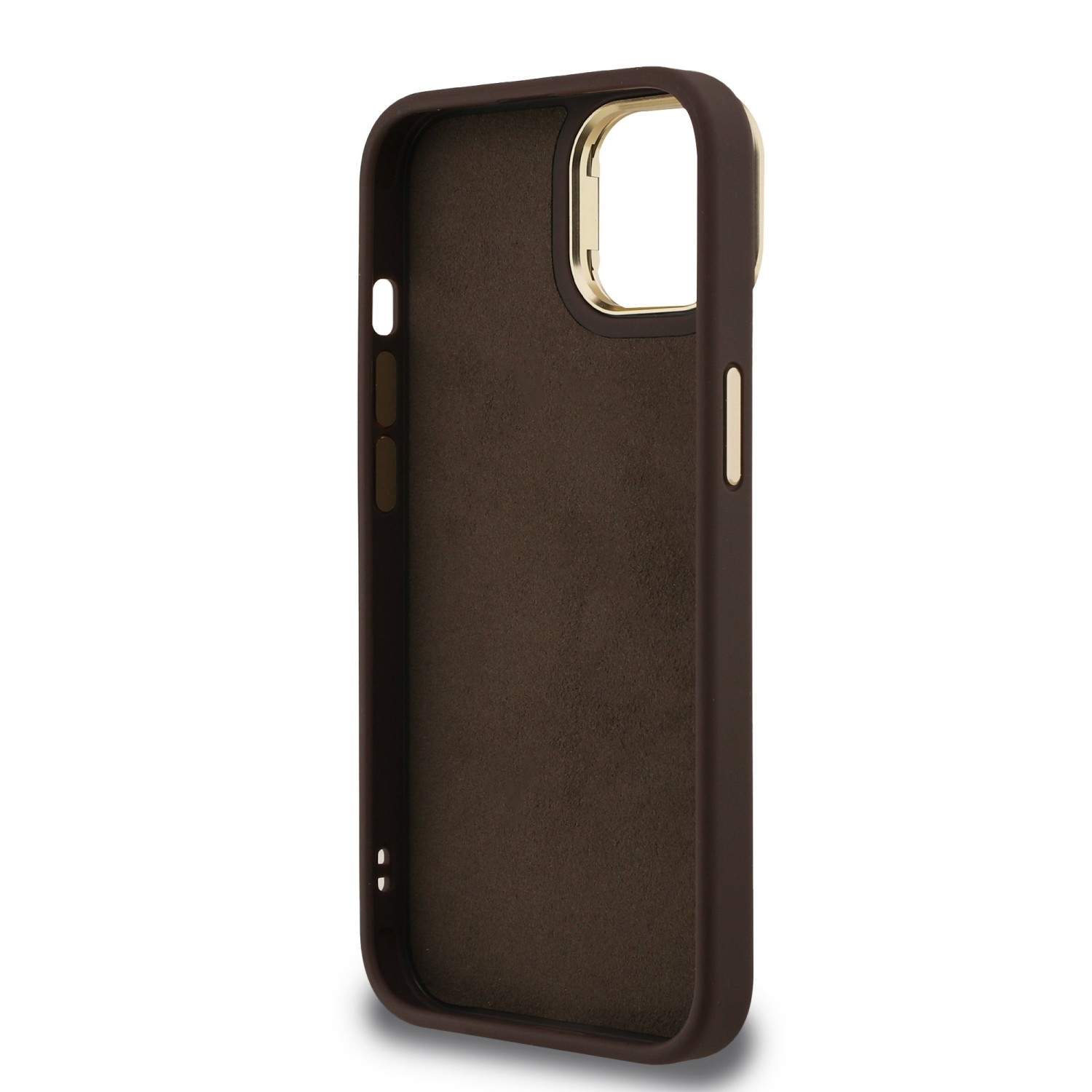 Guess PU 4G Metal Logo Stand Camera Frame Zadní Kryt pro iPhone 13 Brown