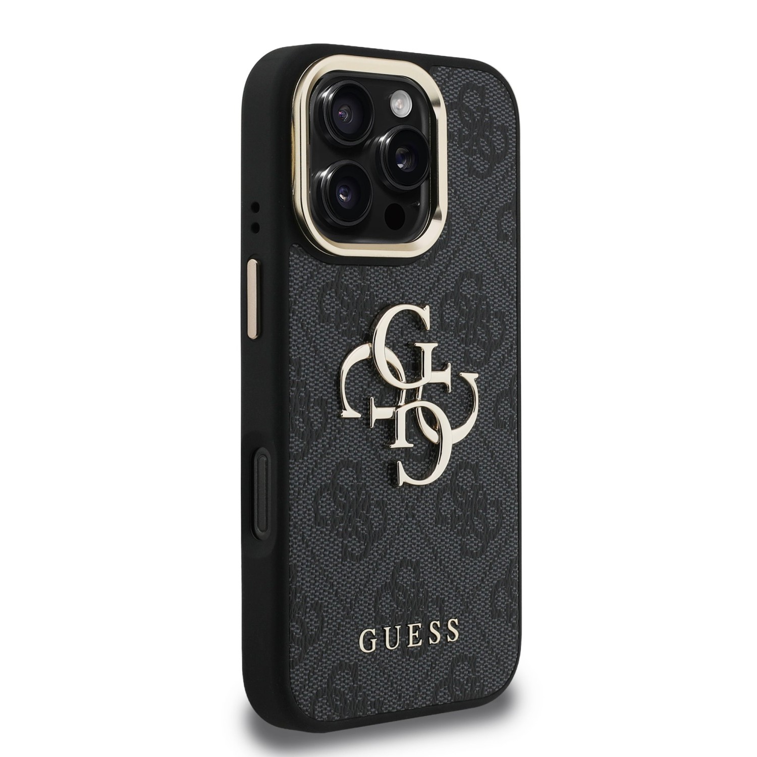 Guess PU 4G Metal Logo Stand Camera Frame Zadní Kryt pro iPhone 16 Pro Max Black