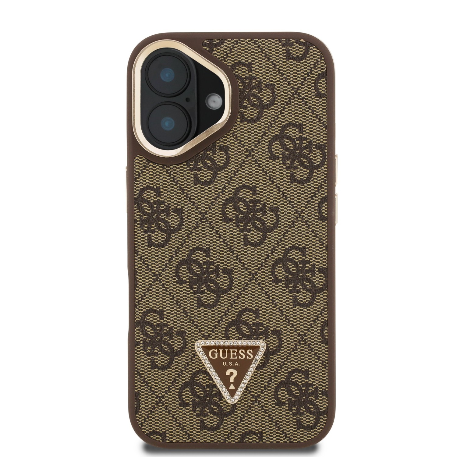 Guess PU 4G Strass Triangle Logo Stand Camera Frame MagSafe Zadní Kryt pro iPhone 16 Brown