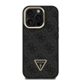 Guess PU 4G Strass Triangle Logo Stand Camera Frame MagSafe Zadný Kryt pre iPhone 15 Pro Max Black