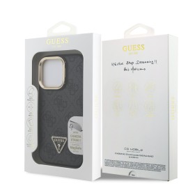 Guess PU 4G Strass Triangle Logo Stand Camera Frame MagSafe Zadný Kryt pre iPhone 15 Pro Max Black