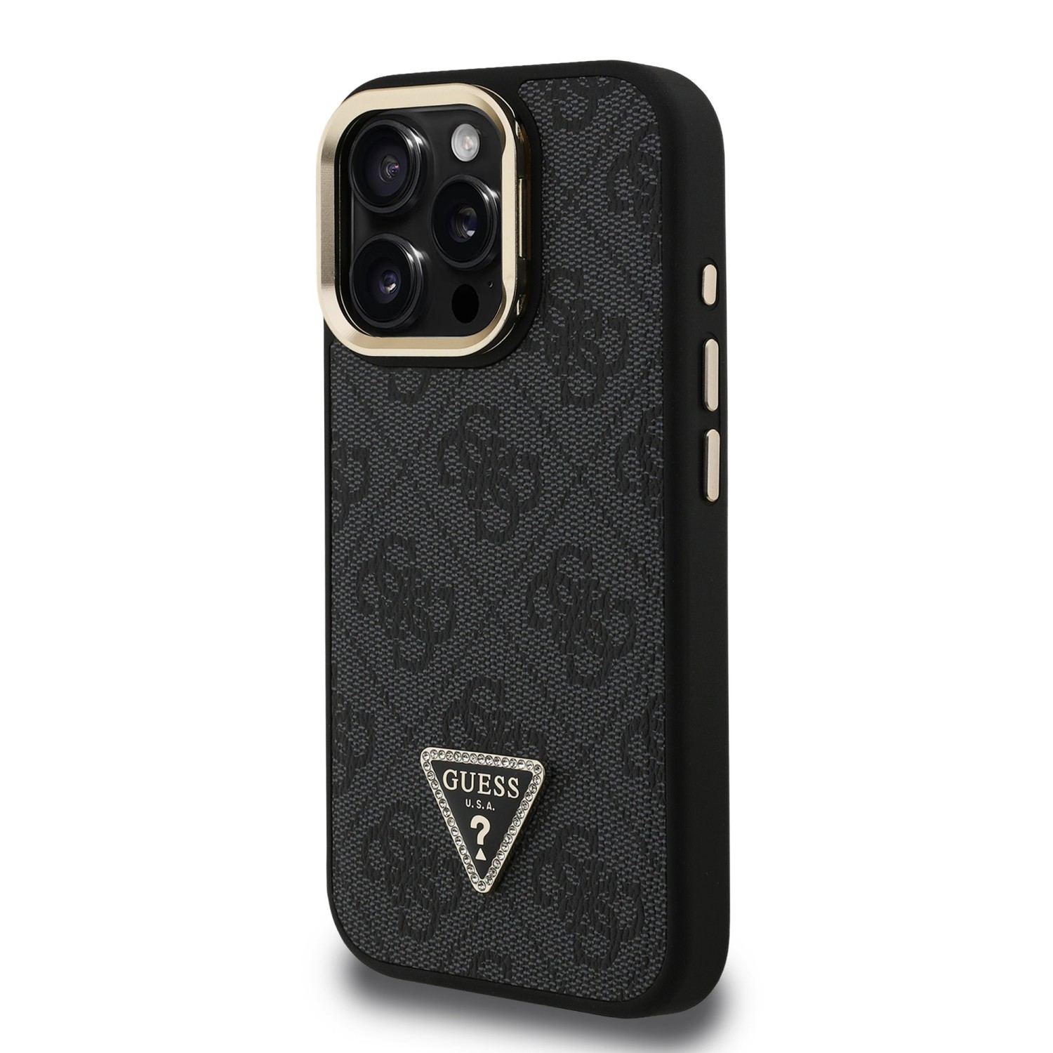 Guess PU 4G Strass Triangle Logo Stand Camera Frame MagSafe Zadný Kryt pre iPhone 15 Pro Max Black