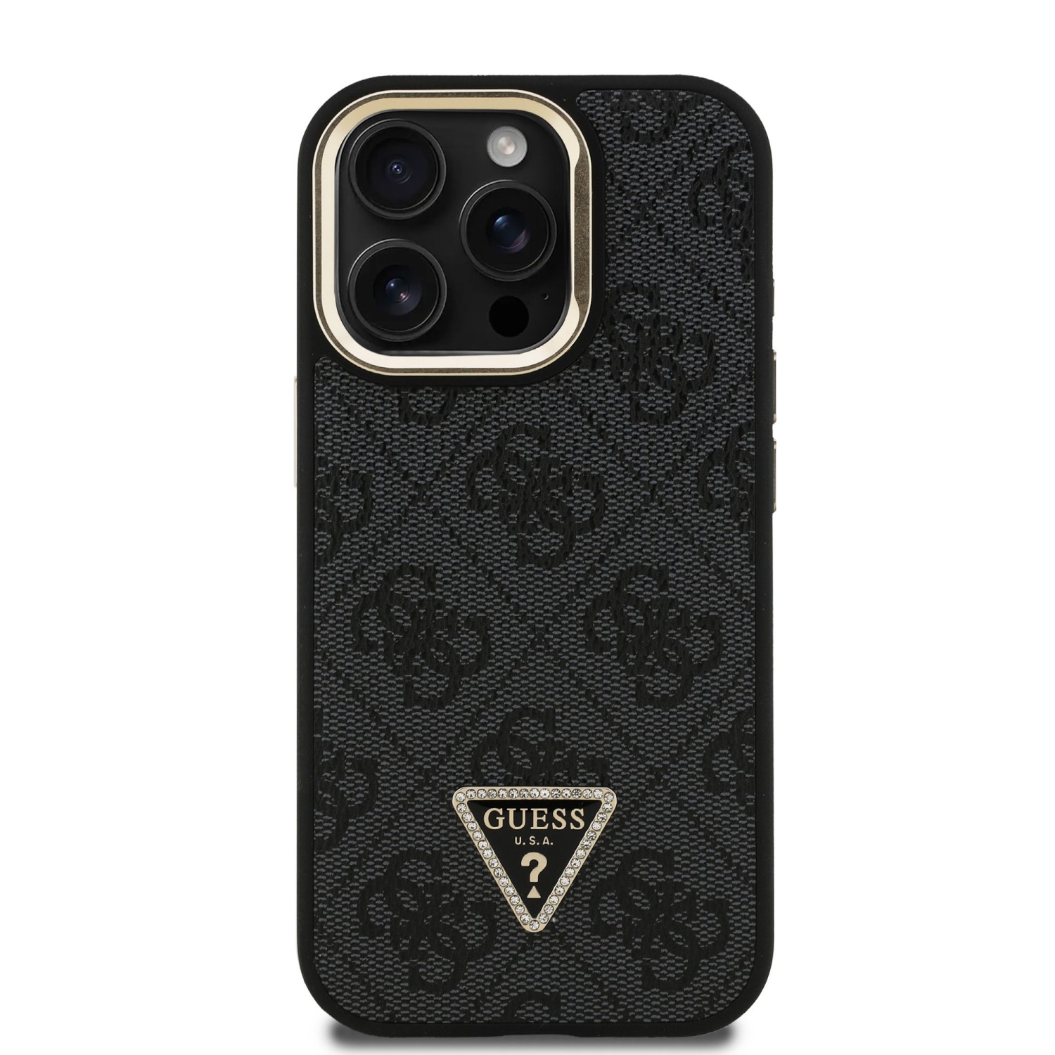 Guess PU 4G Strass Triangle Logo Stand Camera Frame MagSafe Zadný Kryt pre iPhone 15 Pro Max Black
