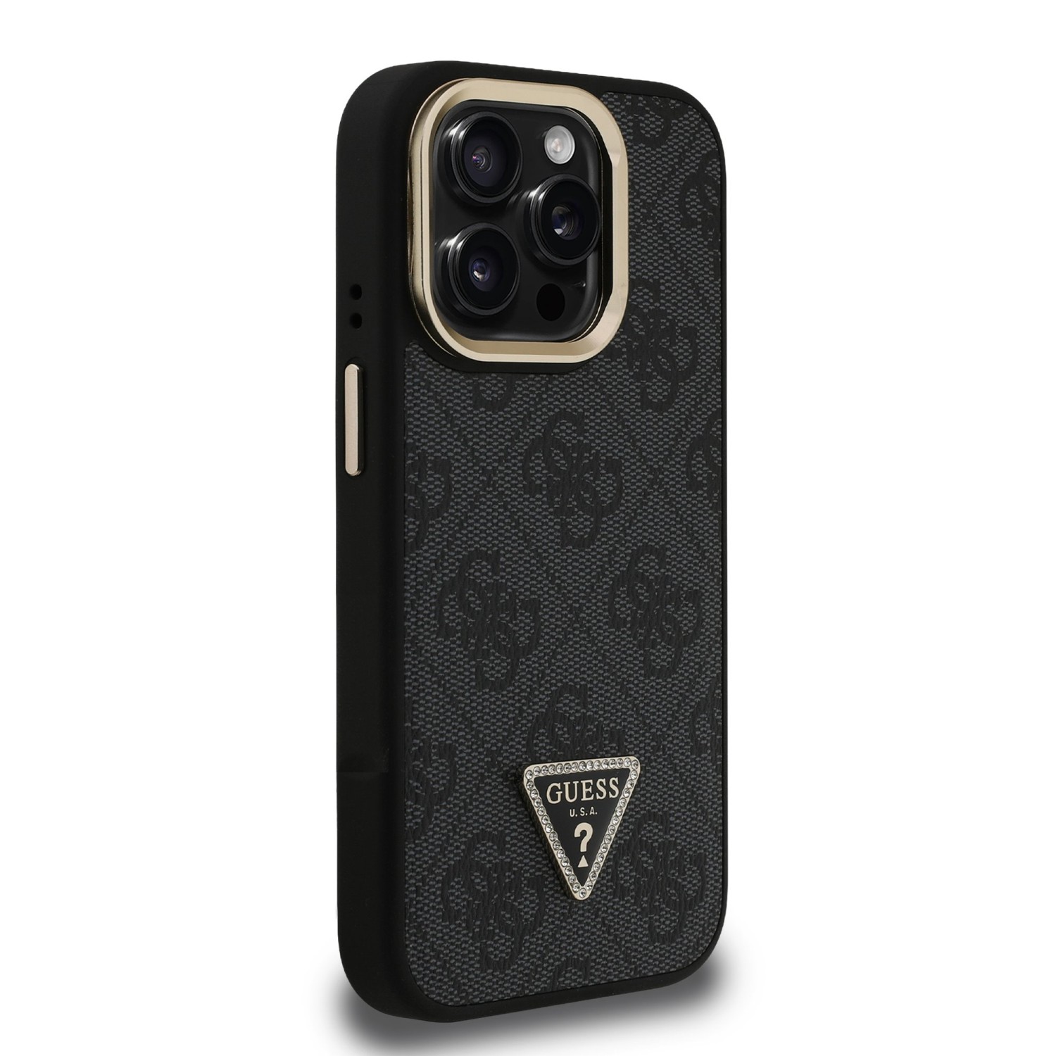 Guess PU 4G Strass Triangle Logo Stand Camera Frame MagSafe Zadný Kryt pre iPhone 15 Pro Max Black