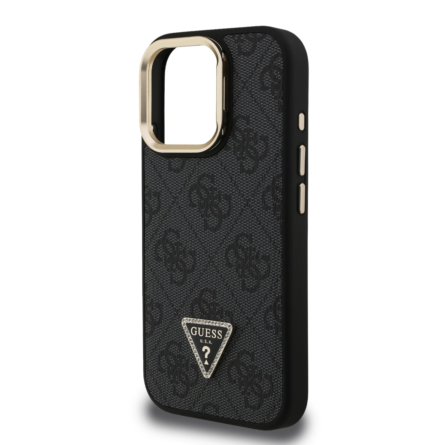 Guess PU 4G Strass Triangle Logo Stand Camera Frame MagSafe Zadný Kryt pre iPhone 15 Pro Max Black