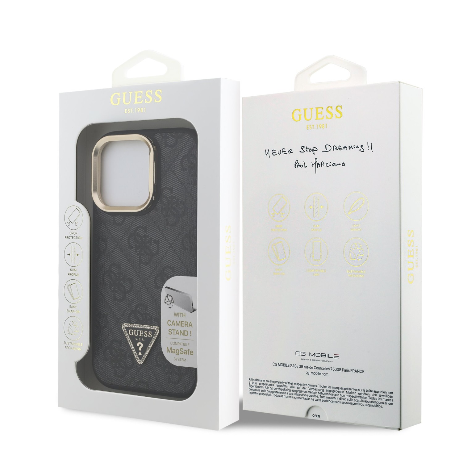 Guess PU 4G Strass Triangle Logo Stand Camera Frame MagSafe Zadný Kryt pre iPhone 15 Pro Max Black