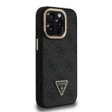Guess PU 4G Strass Triangle Logo Stand Camera Frame MagSafe Zadní Kryt pro iPhone 15 Pro Black
