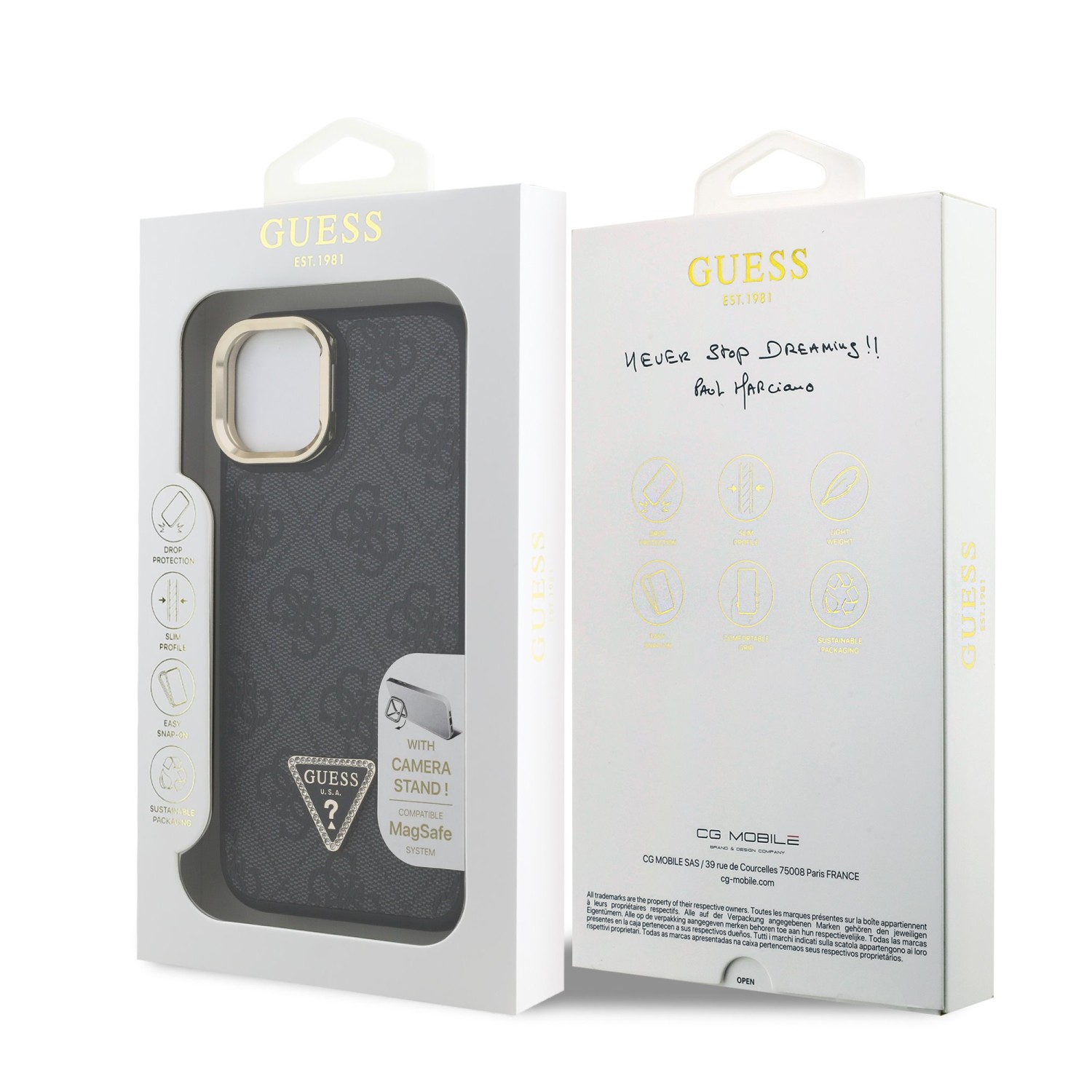 Guess PU 4G Strass Triangle Logo Stand Camera Frame MagSafe Zadní Kryt pro iPhone 14 Black