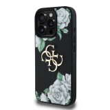 Guess PU Grained Roses 4G Metal Logo Zadní Kryt pro iPhone 16 Pro Black