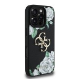 Guess PU Grained Roses 4G Metal Logo Zadní Kryt pro iPhone 16 Pro Black