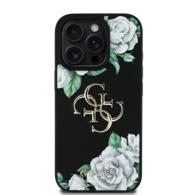 Zadný kryt Guess PU Grained Roses 4G Metal Logo pre Apple iPhone 16 Pro, čierna