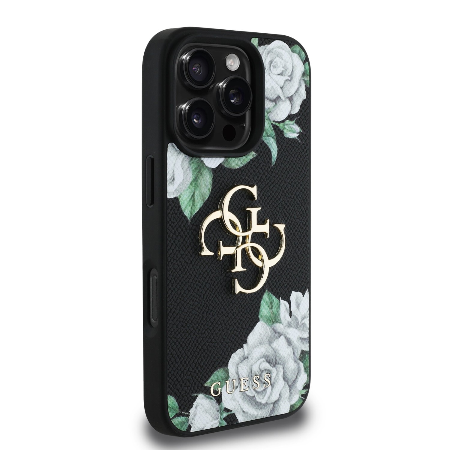 Guess PU Grained Roses 4G Metal Logo Zadní Kryt pro iPhone 16 Pro Black