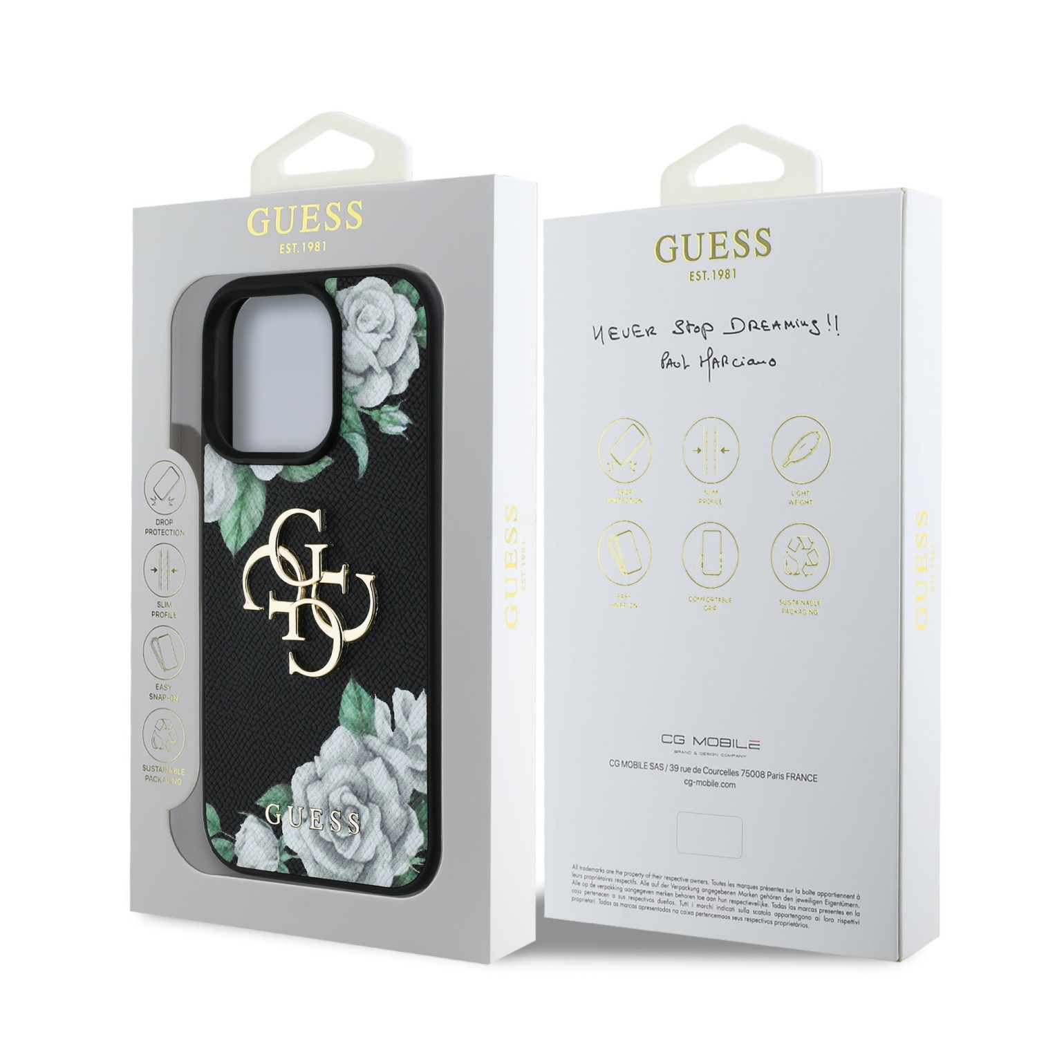 Guess PU Grained Roses 4G Metal Logo Zadní Kryt pro iPhone 16 Pro Black
